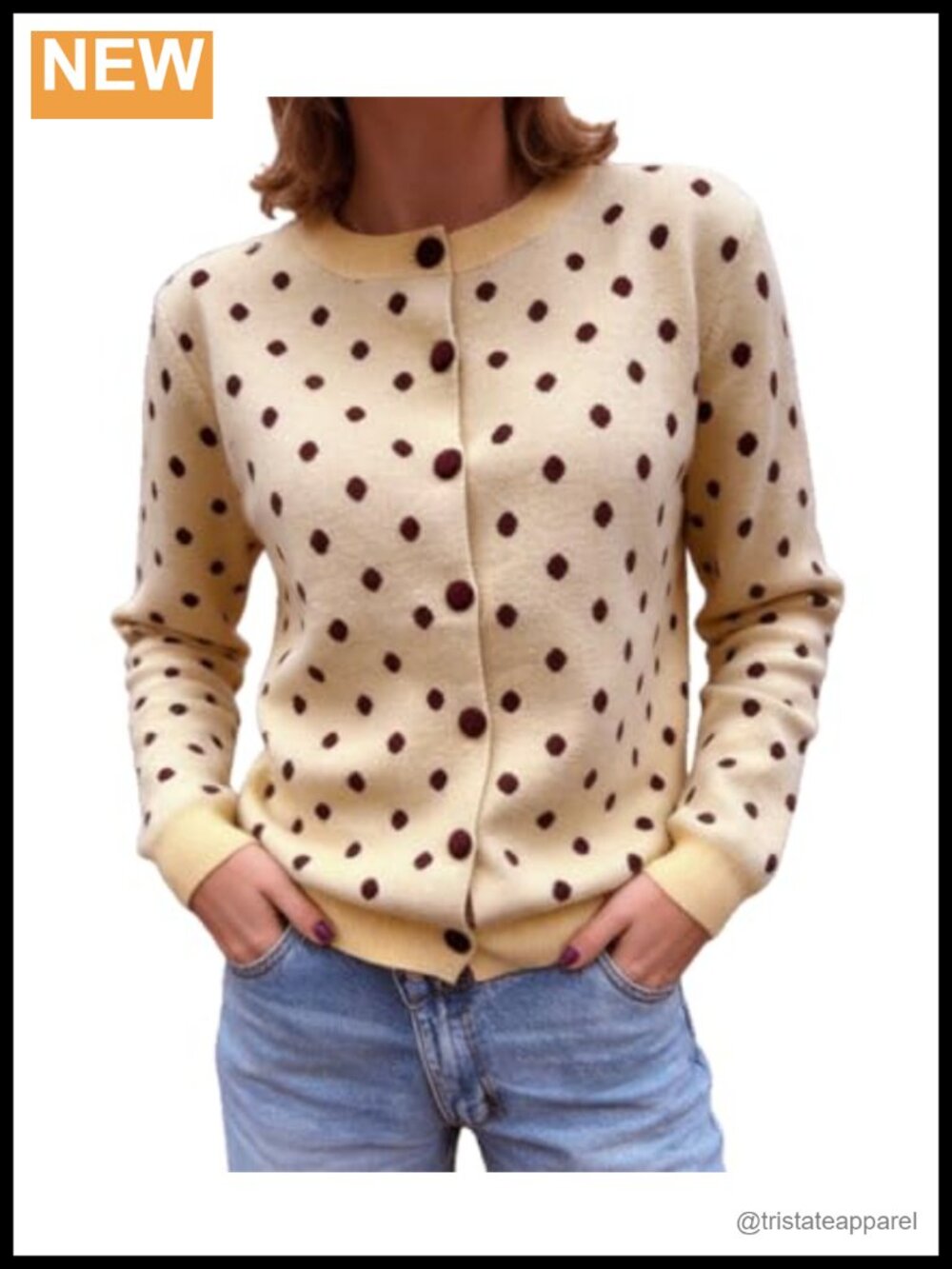 Women's Polka Dot Knit Cardigan - Chunky Long Sleeve Button Up Y2K Sweater